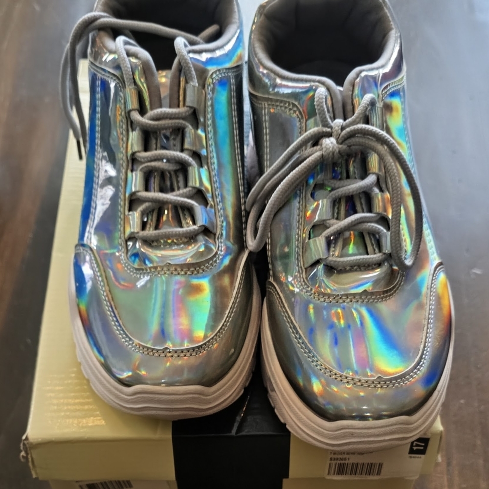 Holographic Silver Women's Platform Sneakers